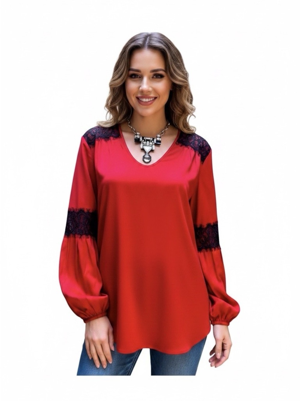Karen Kane Chic Red V-Neck Long Sleeve Blouse with Lace Details Large